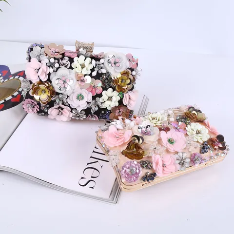 Women Sequin Flower Evening Bag Elegant Beaded Clutch Purse With Chain Strap For Wedding Party Banquet Handbag