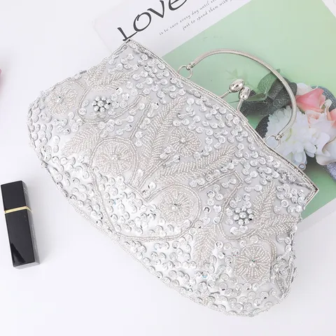Vintage Handmade Bead Embroidery Evening Bag Artificial Pearl Rhinestone Metal Handle Women Luxury Wedding Handbag