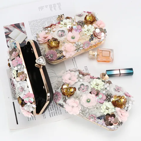 Women Fashion Evening Bag Hand Embroidered Floral Beaded Clutch Metal Frame Lock Wedding Banquet Handbag