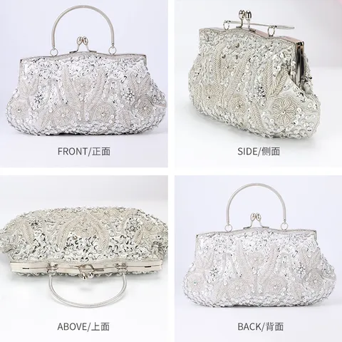 Vintage Handmade Bead Embroidery Evening Bag Artificial Pearl Rhinestone Metal Handle Women Luxury Wedding Handbag