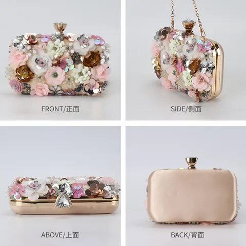 Women Fashion Evening Bag Hand Embroidered Floral Beaded Clutch Metal Frame Lock Wedding Banquet Handbag