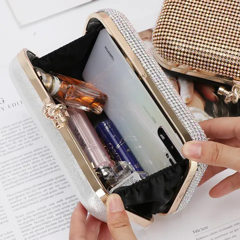 Women Fashion Mesh Rhinestone Evening Bag Luxury Crystal Clutch Purse Metallic Chain Shoulder Bag For Banquet Party