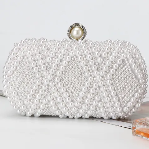 Artificial Pearl Beaded Evening Bag Women Luxury Metal Lock Clutch Purse Fashion Banquet Shoulder Crossbody Bag