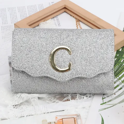 Glitter Evening Bag Metallic Letter Lock Flap Clutch Bag Shimmering Party Wedding Shoulder Crossbody Bag For Women