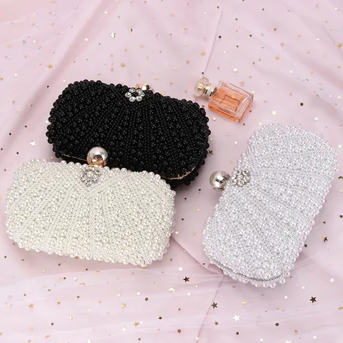 Elegant Acrylic Pearl Beaded Evening Bag Women Mini Clutch Bag Rhinestone Wedding Prom Purse Chain Crossbody Bag