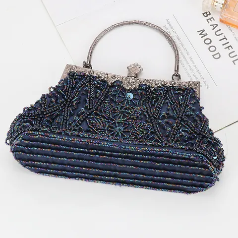 Vintage Handmade Beaded Evening Bag For Women Retro Sequins Clutch Purse Elegant Metallic Lock Handbag Party Purse