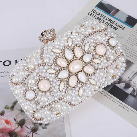 Elegant Women Beaded Pearl Evening Bag Luxury Rhinestone Clutch Bag Banquet Wedding Handbag Ladies Prom Shoulder Purse