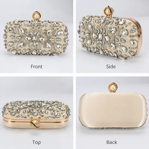 Retro Satin Rhinestone Evening Bag Beaded Pearl Clasp Clutch Purse Elegant Wedding Party Handbag For Women