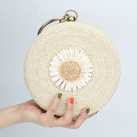 Women Straw Woven Crossbody Bag Handmade Round Beach Shoulder Bag Cute Daisy Flower Embellishment Casual Vacation Handbag