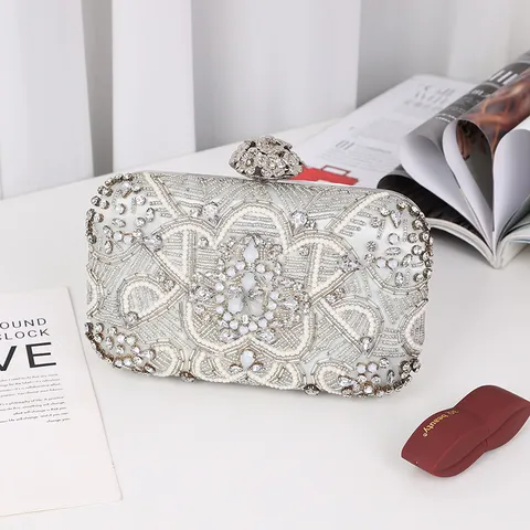 Women Rhinestone Evening Bag Beaded Clutch Luxury Floral Banquet Shoulder Bag Polyester Party Purse