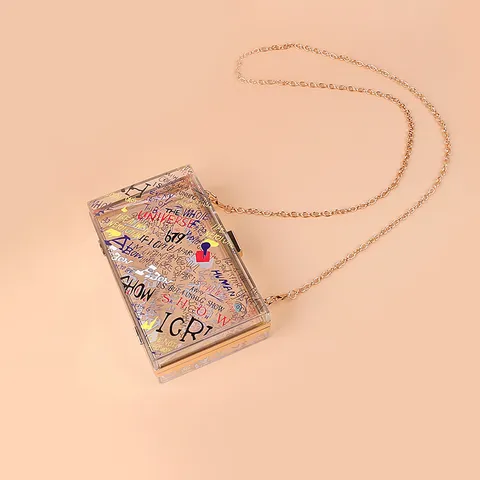 Transparent Acrylic Crossbody Bag Women Fashion Graffiti Print Handbag With Gold Chain Lock Clutch Purse