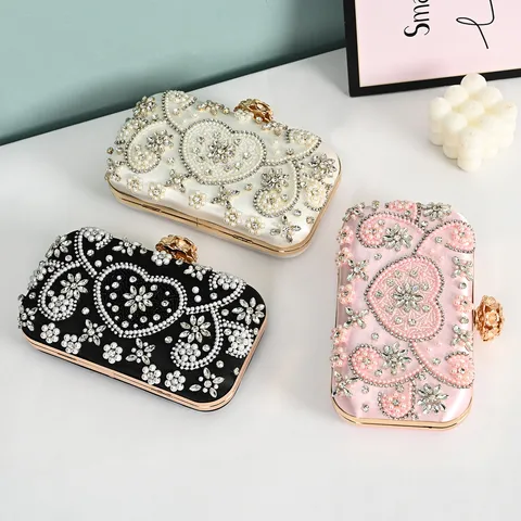 Vintage Satin Evening Bag Women Rhinestone Artificial Pearl Handbag Luxury Wedding Party Clutch Purse Chain Shoulder Bag