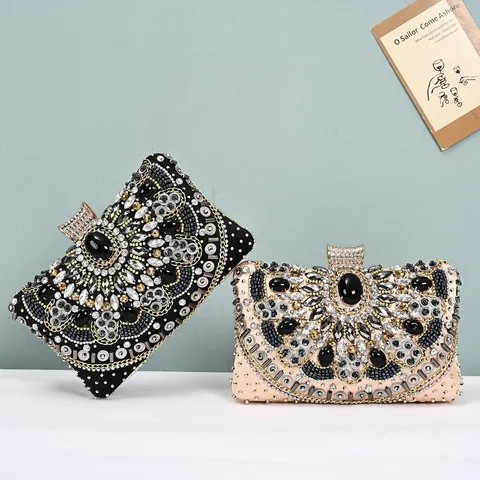 Luxury Beaded Evening Clutch Bag For Women Vintage Rhinestone Banquet Handbag Wedding Party Purse With Chain