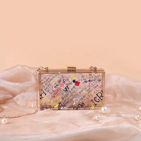 Transparent Acrylic Crossbody Bag Women Fashion Graffiti Print Handbag With Gold Chain Lock Clutch Purse