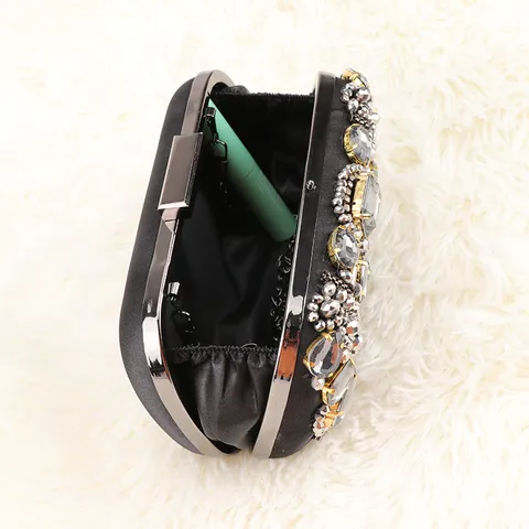 Women Fashion Luxury Evening Bag Rhinestone Beaded Clutch Bag Metallic Frame Lock Crossbody Shoulder Bag Party Prom Handbag