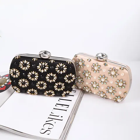 Women's Elegant Evening Bag Satin Rhinestone Clutch Purse Luxury Floral Beaded Lock Closure Wedding Prom Handbag