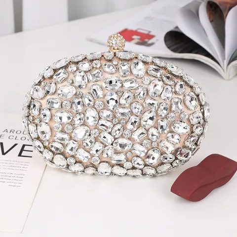 Womens Luxury Rhinestone Evening Bag Oval Satin Clutch Purse With Chain Strap Designer Handbag For Wedding Party