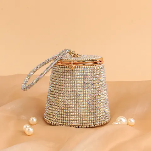 Women Rhinestone Evening Bag Vintage Bucket Bag Luxury Colorful Crystal Handbag Party Wedding Purse