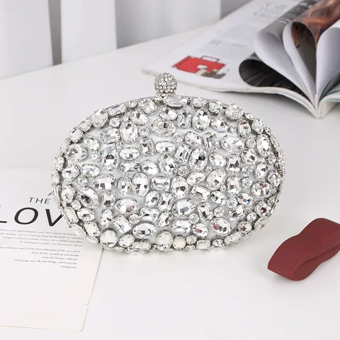 Womens Luxury Rhinestone Evening Bag Oval Satin Clutch Purse With Chain Strap Designer Handbag For Wedding Party