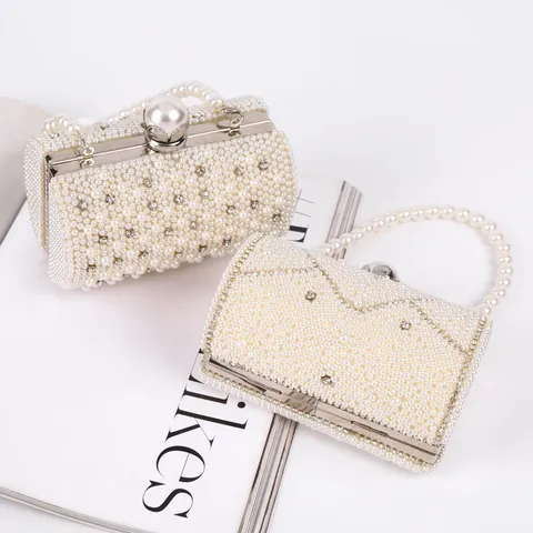 Elegant Artificial Pearl Evening Bag Women Luxury Rhinestone Handbag Vintage Wedding Banquet Clutch Purse Chain Shoulder Bag