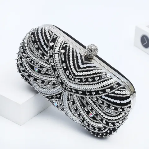 Luxury Beaded Evening Bag Women Clutch Rhinestone Pearl Party Dress Banquet Bag Metallic Frame Handbag
