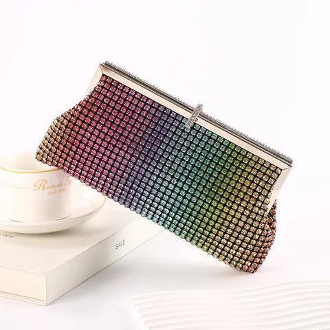 Sac de Soirée en Strass pour Femmes Pochette Diamant de Luxe Cadre en Métal Fête de Mariage Sac à Main Cristal Dégradé