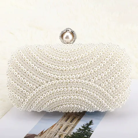 Women's Elegant Artificial Pearl Evening Bag Luxury Hard Shell Clutch Chain Crossbody Bag Banquet Wedding Purse