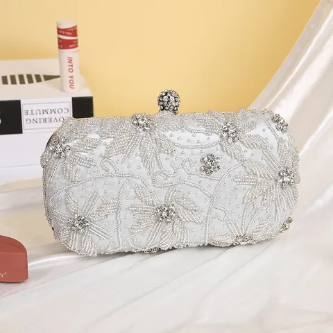 Women Vintage European Style Evening Bag Satin Rhinestone Embroidered Clutch Handbag For Wedding Party Banquet