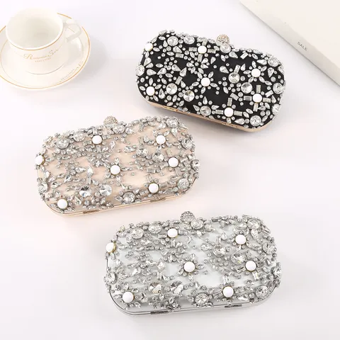 Women Evening Bag Rhinestone Clutch Purse Satin Beaded Wedding Party Handbag With Metal Frame And Chain