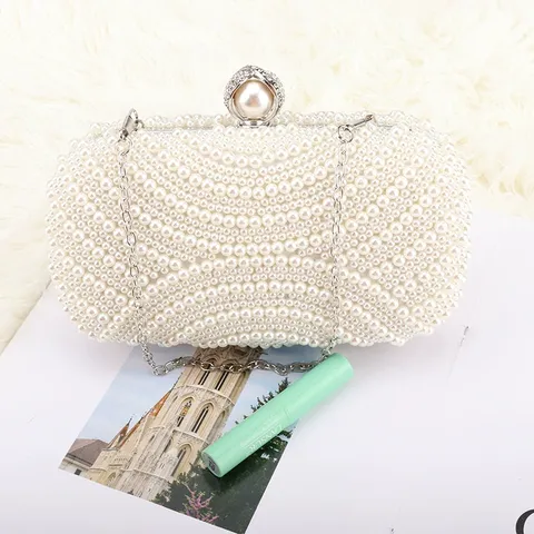 Women's Elegant Artificial Pearl Evening Bag Luxury Hard Shell Clutch Chain Crossbody Bag Banquet Wedding Purse