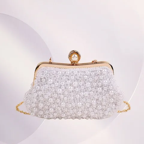 Women Pearl Evening Bag Acrylic Chain Clutch Elegant Wedding Party Handbag Artificial Pearl Purse Vintage Prom Bag