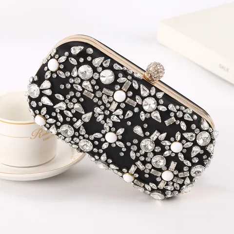 Women Evening Bag Rhinestone Clutch Purse Satin Beaded Wedding Party Handbag With Metal Frame And Chain