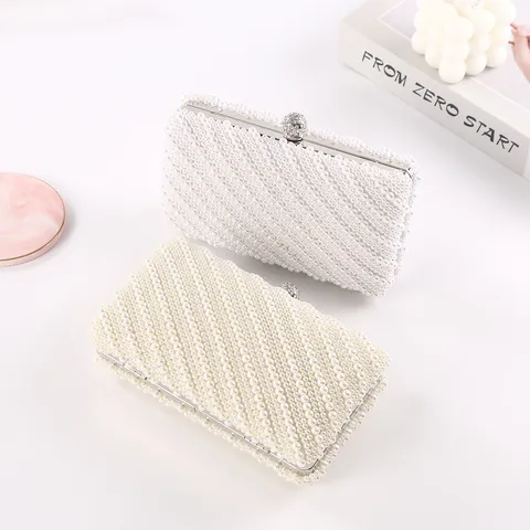 Elegant Beaded Evening Bag For Women Pearl Clutch Purse With Rhinestone Ball Clasp Wedding Party Handbag Polyester