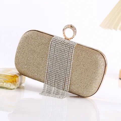 Women Glitter Evening Bag Rhinestone Tassel Clutch Bag Ring Lock Wedding Party Purse Shoulder Crossbody Bag