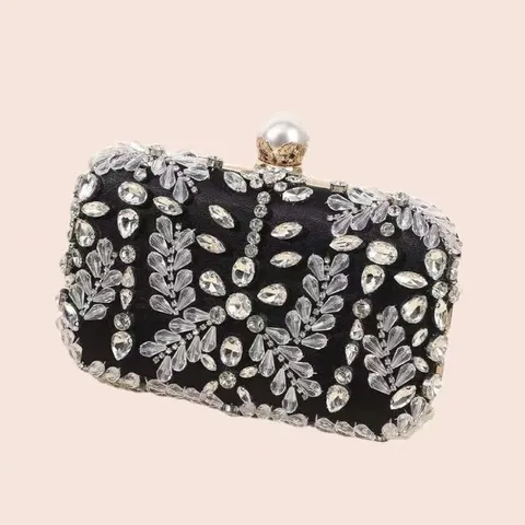 Women Rhinestone Beaded Evening Clutch Bag Satin Wedding Party Handbag Bridal Purse Luxury Crystal Clutch