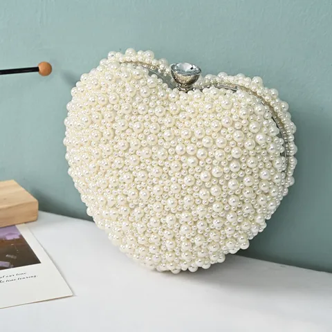 Heart Shaped Pearl Beaded Evening Bag Elegant Women Clutch Purse For Wedding Party With Chain Strap
