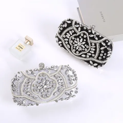 Women Evening Bag Rhinestone Pearl Embellished Clutch Bag Metallic Frame Chain Crossbody Bag Banquet Wedding Purse