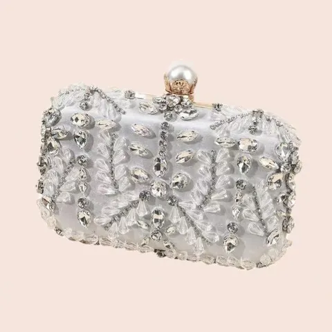 Women Rhinestone Beaded Evening Clutch Bag Satin Wedding Party Handbag Bridal Purse Luxury Crystal Clutch