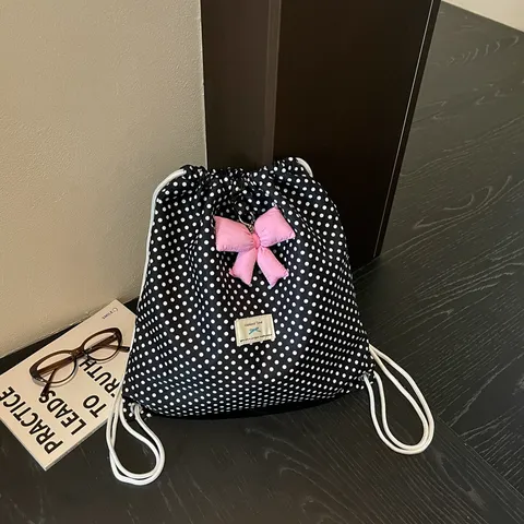 Sac à Dos Décontracté en Toile à Pois Joli Nœud Cordon de Serrage Cartable Léger Voyage pour Femmes