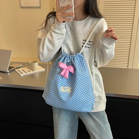 Sac à Dos Décontracté en Toile à Pois Joli Nœud Cordon de Serrage Cartable Léger Voyage pour Femmes