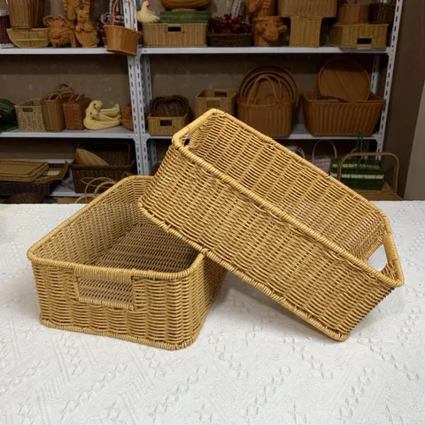 Minimalistischer Kunststoff Imitat Rattan Aufbewahrungskorb Handgewebte Desktop Organizer Box Für Zuhause