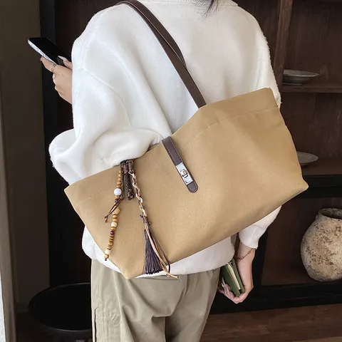 Bolso Tote de Lona de Gran Capacidad Retro Mujer Casual Viajero Bolso de Hombro Vintage Cuero PU Cierre Bolso de Mano Con Colgante