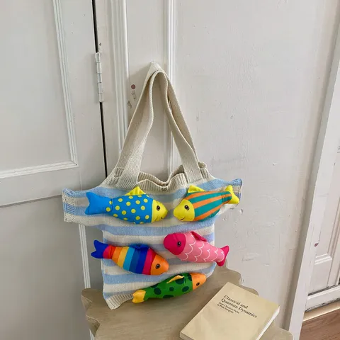 Sac à Épaule Tricoté Poisson Clown Rayé Sac Fourre-tout Tissé à la Main pour Femmes Vacances à la Plage Style Dopamine