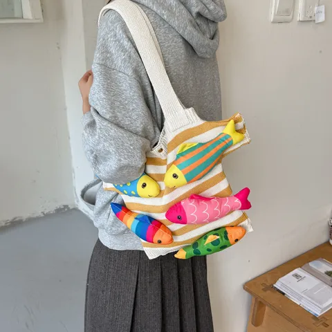 Sac à Épaule Tricoté Poisson Clown Rayé Sac Fourre-tout Tissé à la Main pour Femmes Vacances à la Plage Style Dopamine