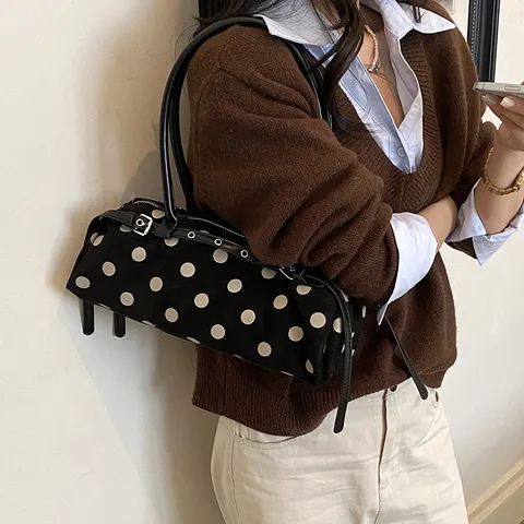 Women's Casual Polka Dot Shoulder Bag PU Leather Retro Underarm Bag Chic Commuter Bag Large Small Handbag