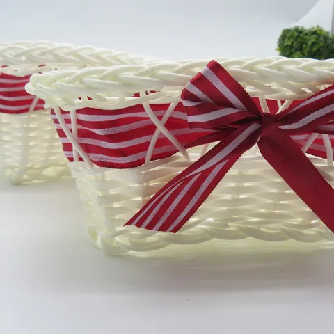 Plastic Rattan Woven Storage Basket Heart Shaped Handheld Sundries Organizer With Ribbon Home Desktop Decor