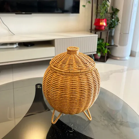 Modern Minimalist Faux Rattan Hand Woven Storage Basket With Lid And Tripod Stand Desktop Sundries Organizer Flower Basket Home Decor