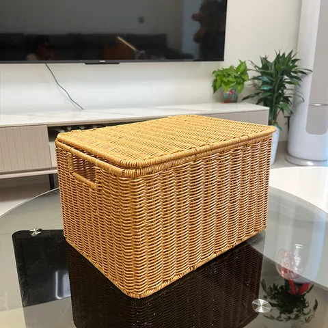 Panier de Rangement Tissé Avec Couvercle Boîte de Rangement en Rotin Plastique Bac Organisateur de Grande Capacité pour Maison Vêtements Couette