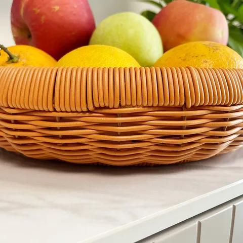 Plastic Woven Storage Basket Round Imitation Rattan Fruit Vegetable Container Retro Desktop Organizer For Home