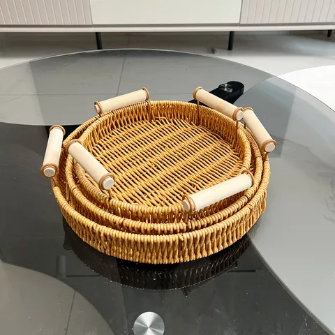 Imitation Rattan Woven Bread Basket Japanese Style Plastic Storage Tray With Wood Handle Fruit Organizer For Home